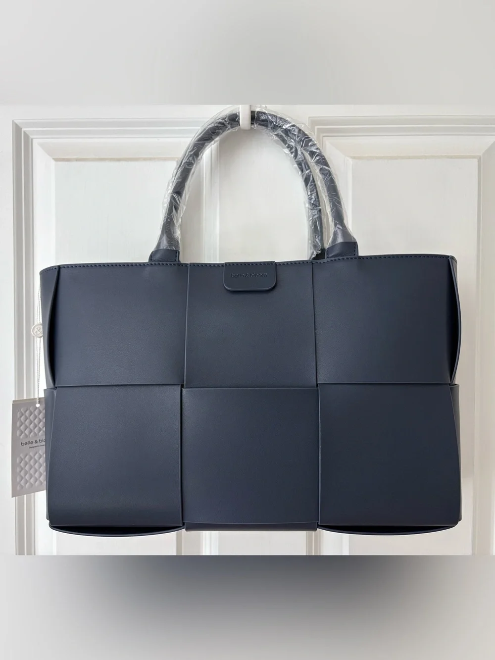 NWT, Belle & Bloom Long Way Home Woven Navy Large Leather Tote, Removable Strap